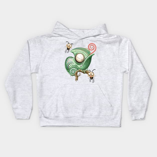 Chameleon and confused Fly Funny Cartoon Characters Kids Hoodie by BluedarkArt